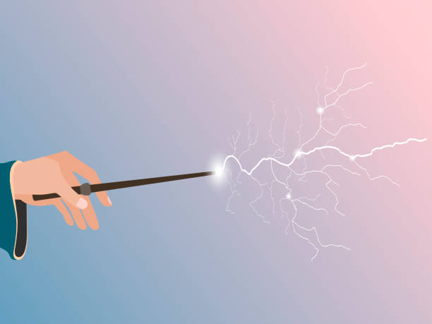 istock Magic wand. Magic stick in hand. Magic lightning. Rose quartz and serenity violet background. Vector illustration. 1151194340
