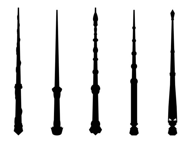 Magic wands set. Wizard tool. Wooden stick collection. Black contour isolated on white background. Vector illustration Magic wands set. Wizard tool. Wooden stick collection. Black contour isolated on white background. Vector illustration magic wand stock illustrations