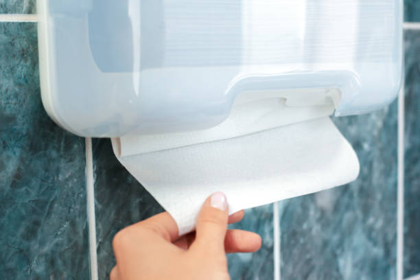 Taking a paper towel from a dispenser in the bathroom