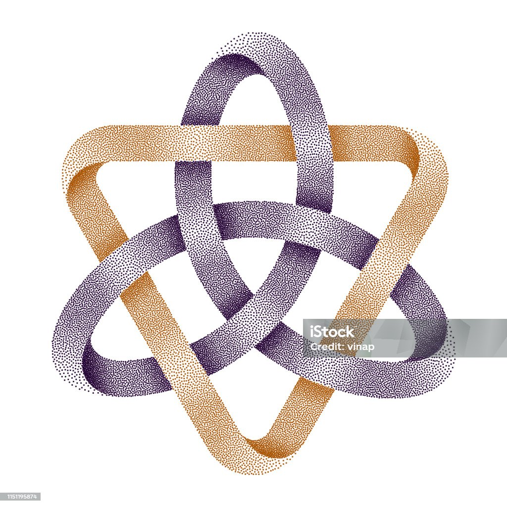 Stippled knot Triquetra with triangle made of mobius strips. Vector textured illustration. Stippled knot Triquetra with triangle . Ancient celtic trinity symbol made of mobius strips. Vector textured illustration isolated on white background. Celtic Knot stock vector