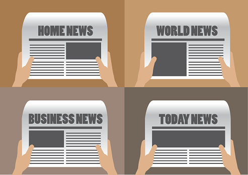 Hands holding newspaper with different section titles and headlines. Set of four vector cartoon illustration isolated on plain background.