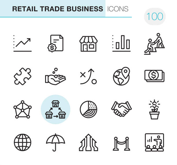 Retail Trade Business - Pixel Perfect icons 20 Outline Style - Black line - Pixel Perfect icons / Retail Trade Business Set #100
Icons are designed in 48x48pх square, outline stroke 2px.

First row of outline icons contains: 
Moving Up Chart, Contract, Store, Bar Graph Chart, Mentor;

Second row contains: 
Solution, Capital, Strategy, Location, Paper Currency;

Third row contains: 
Corporation, Franchise icon, Pie Chart, Handshake, Money Growth; 

Fourth row contains: 
Globe, Insurance, Merger Arrows, Opening, Presentation.

Complete Primico collection - https://www.istockphoto.com/collaboration/boards/NQPVdXl6m0W6Zy5mWYkSyw founder stock illustrations