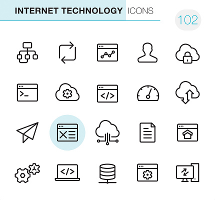 20 Outline Style - Black line - Pixel Perfect icons / Internet Technology Set #102
Icons are designed in 48x48pх square, outline stroke 2px.

First row of outline icons contains: 
Algorithm, Reload, Graph, User, Cloud Lock;

Second row contains: 
Coding, Cloud Settings, Website coding, Gauge, Cloud Computing;

Third row contains: 
Planning, Website Wireframe, Modeling API, Content, Homepage; 

Fourth row contains: 
Gears, Code icon, Network Server, Settings, Computer Equipment.

Complete Primico collection - https://www.istockphoto.com/collaboration/boards/NQPVdXl6m0W6Zy5mWYkSyw