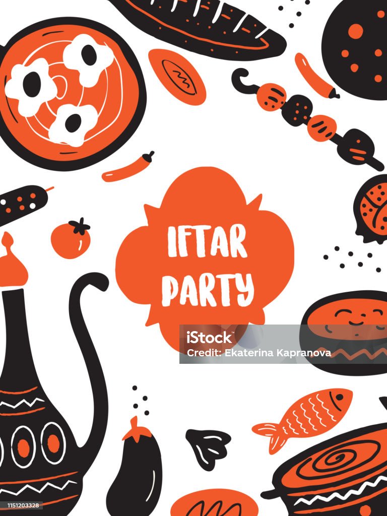Hand drawn illustration of traditional middle eastern food for iftar party. Flyer template Hand drawn illustration of traditional middle eastern food for iftar party. Flyer template. Doodle stock vector