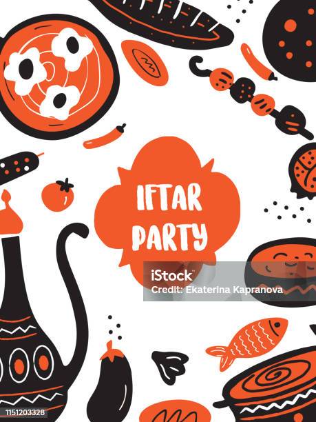 Hand Drawn Illustration Of Traditional Middle Eastern Food For Iftar Party Flyer Template Stock Illustration - Download Image Now