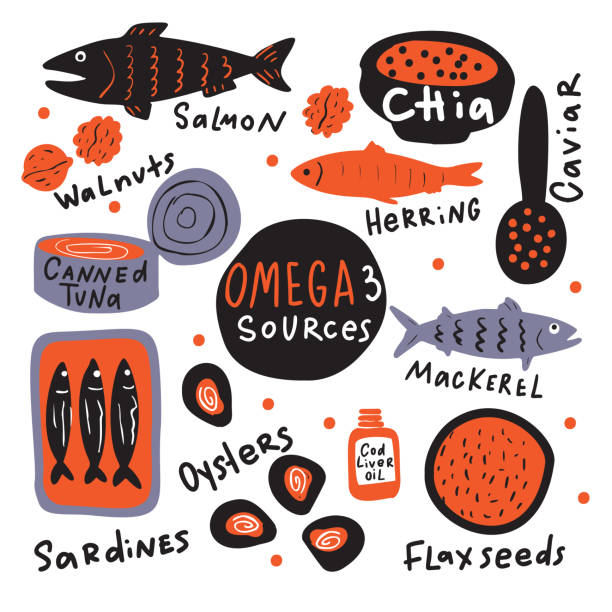 illustrazioni stock, clip art, cartoni animati e icone di tendenza di fonti omega 3. illustrazione disegnata a mano di diversi alimenti con omega 3. doodle. design vettoriale. - fish oil illustrations