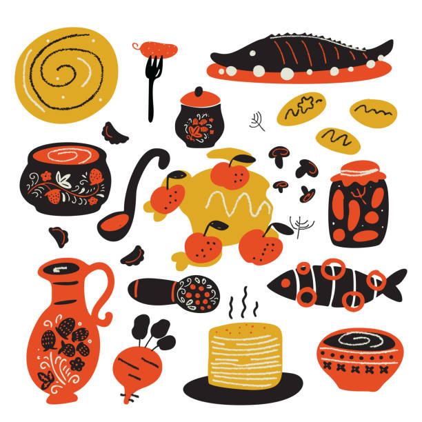 russische traditionelle küche. lustige, handgezeichnete illustration mit verschiedenen gerichten. vector design. - kartoffelknödel essen stock-grafiken, -clipart, -cartoons und -symbole