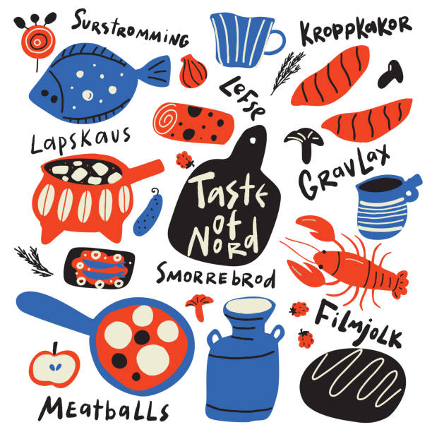 nord 'un tadı. farklı i̇skandinav gıda ve mutfak eşyaları komik el çizilmiş tipografi illüstrasyon. yemek isimleri. vektör. - i̇sveç illüstrasyonlar stock illustrations