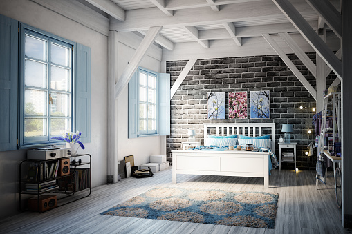 Digitally generated warm and cozy bedroom interior with rustic elements. 

The scene was rendered with photorealistic shaders and lighting in Autodesk® 3ds Max 2019 with V-Ray 3.7 with some post-production added.