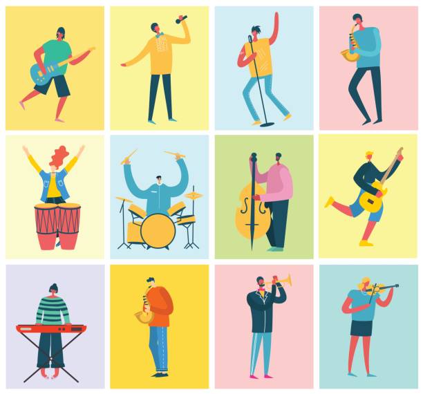 Set of musicians Set of different musicians with musical instruments playing jazz and rock music. Vector illustration cards in the flat style juvenile musician stock illustrations