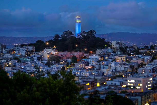 coit tower e telegraph hill sparkling at night. - tower coit tower san francisco bay area san francisco county - fotografias e filmes do acervo