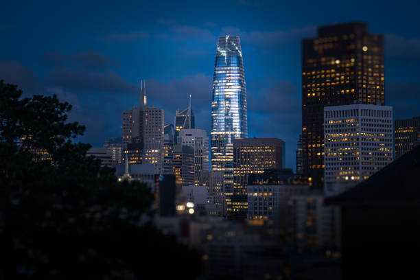 Saleforce Tower Shining in the Night The new Salesforce Tower towering above the other skyscrapers in San Francisco at dusk on a clear night. Financial district skyline. san francisco bay area built structure street city street stock pictures, royalty-free photos & images
