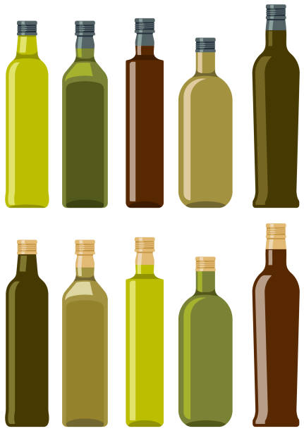 ilustraciones, imágenes clip art, dibujos animados e iconos de stock de botella de vidrio - aceite de oliva