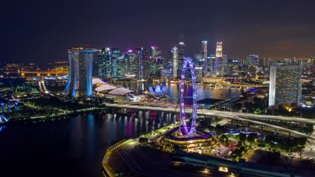 Hyperlapse or Dronelapse scene of Singapore business district downtown at night