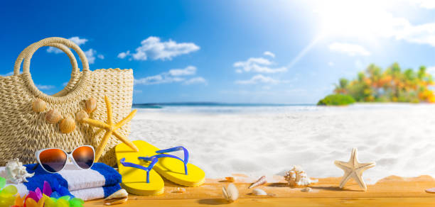 istock Summer holiday concept, beach accessories on wooden plank 1151208896