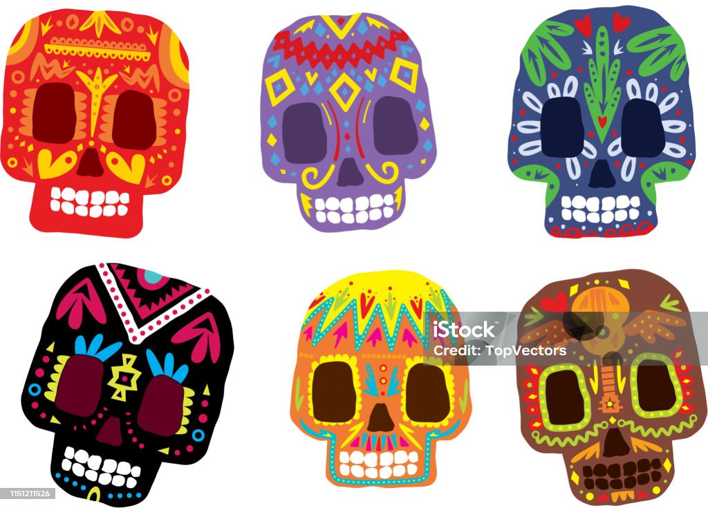 Mexican sugar skulls set, Day of the dead colorful symbols, Dia de los muertos vector Illustration Mexican sugar skulls set, Day of the dead colorful symbols, Dia de los muertos vector Illustration isolated on a white background. Bright stock vector