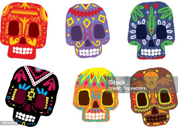 Mexican Sugar Skulls Set Day Of The Dead Colorful Symbols Dia De Los Muertos Vector Illustration Stock Illustration - Download Image Now