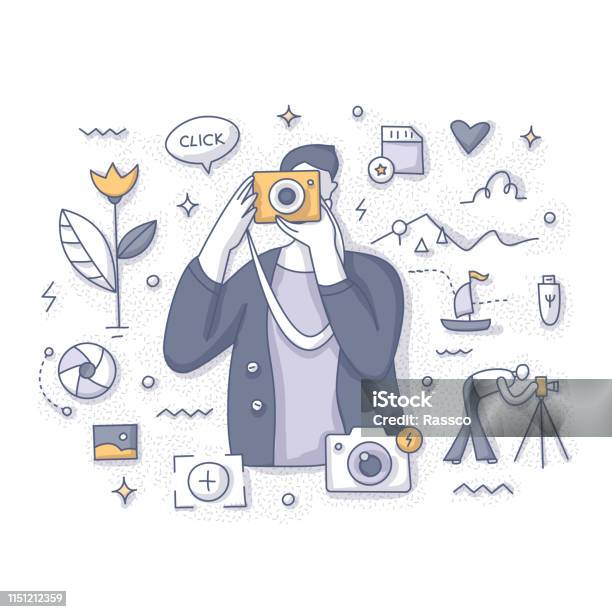 Photographer Taking Pictures Concept Stock Illustration - Download Image Now - Camera - Photographic Equipment, Drawing - Activity, Hobbies