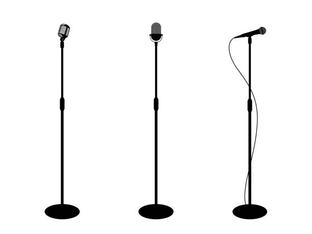 Three microphones on counter. White background. Silhouette microphone. Music icon, mic. Flat design, vector illustration Three microphones on counter. White background. Silhouette microphone. Music icon, mic. Flat design, vector illustration EPS10 microphone silhouettes stock illustrations