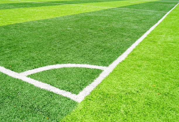 istock Green turf grass texture with white line 1151212594