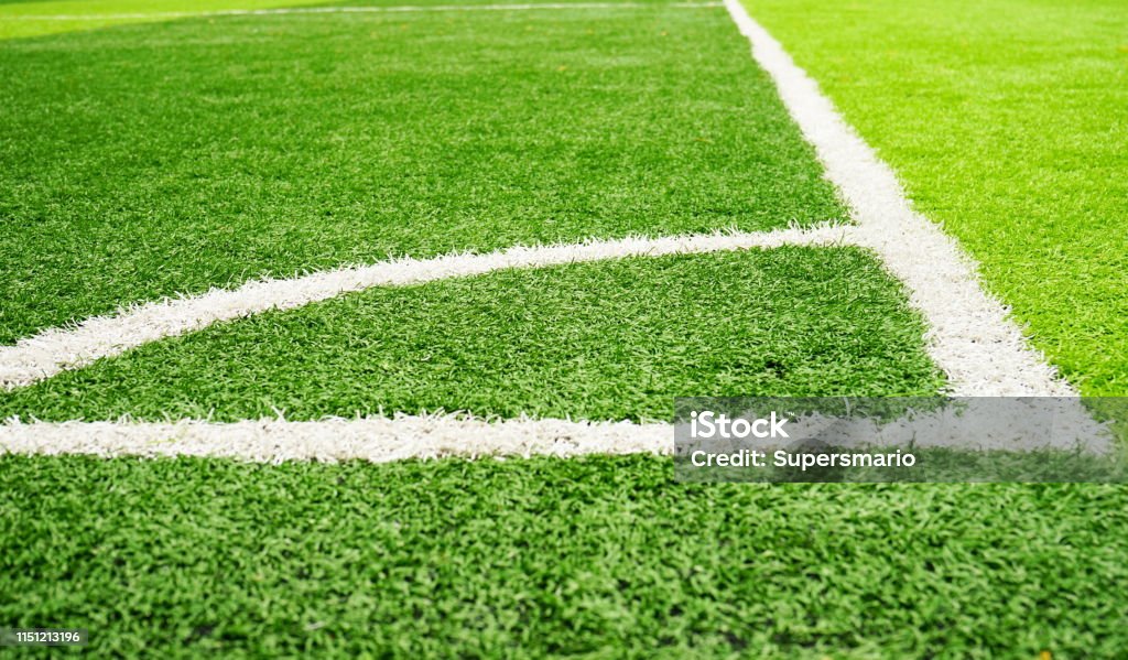 Green turf grass texture with white line Thailand, Artificial, Challenge, Close-up, Competition Deutsche Mark Sign Stock Photo