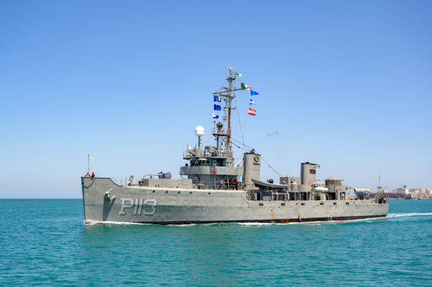 Ship P113 of the Mexican Navy sailing into La Paz, Mexico. A ship from the Mexican Armada sails towards the naval base in La Paz, Mexico. armada stock pictures, royalty-free photos & images