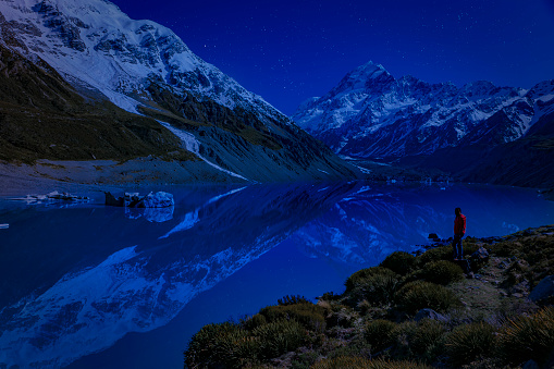 a Maori man take a relax in blue sky with star and soft Milky Way universe at the night in mt. cook