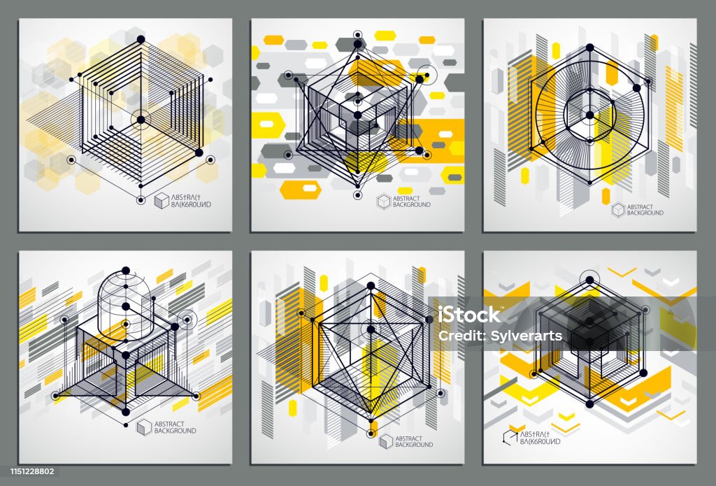 Template 3D yellow design layout for brochures set , flyer , poster, advertising, cover, vector abstract modern background. Composition of cubes, hexagons, squares, rectangles and other elements. Abstract stock vector