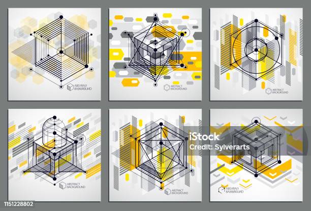 Template 3d Yellow Design Layout For Brochures Set Flyer Poster Advertising Cover Vector Abstract Modern Background Composition Of Cubes Hexagons Squares Rectangles And Other Elements Stock Illustration - Download Image Now