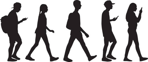 Five Teens Walking In Line Vector silhouette of five teens walking in line. girl texting on phone stock illustrations