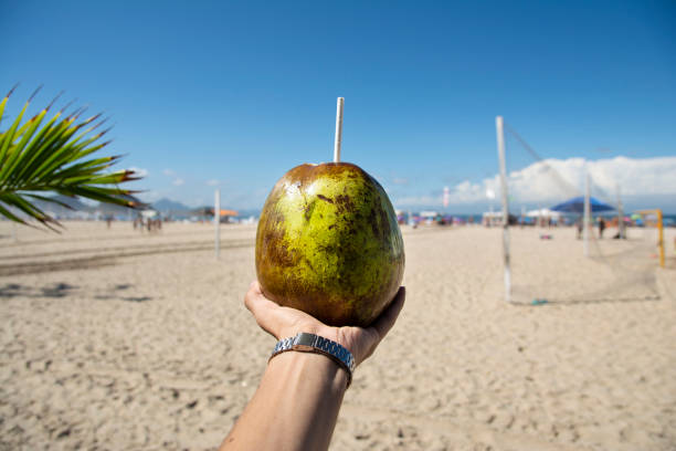 kokoswassergetränk am strand, handhaltung - rio de janeiro copacabana beach ipanema beach brazil stock-fotos und bilder