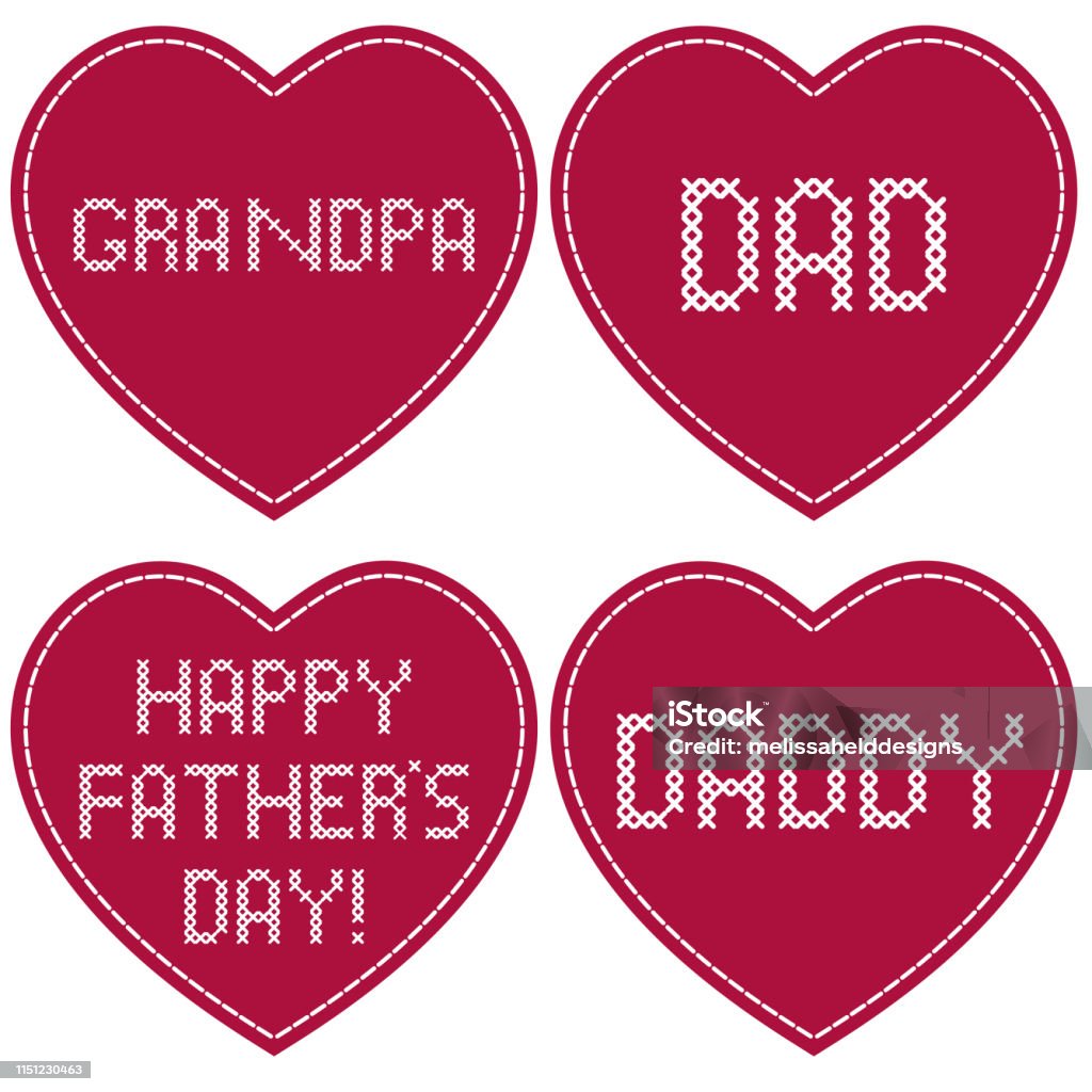 Father's Day cross stitch embroidery on red hearts Heart Shape stock vector