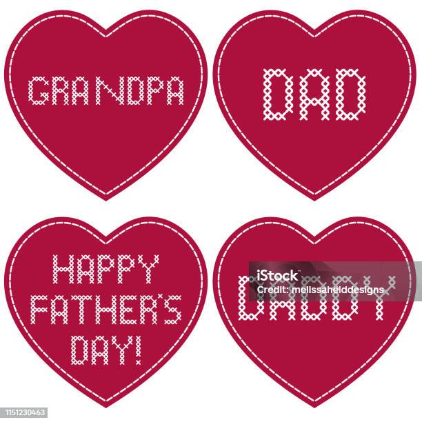 Fathers Day Cross Stitch Embroidery On Red Hearts Stock Illustration - Download Image Now - Heart Shape, Awe, Cheerful
