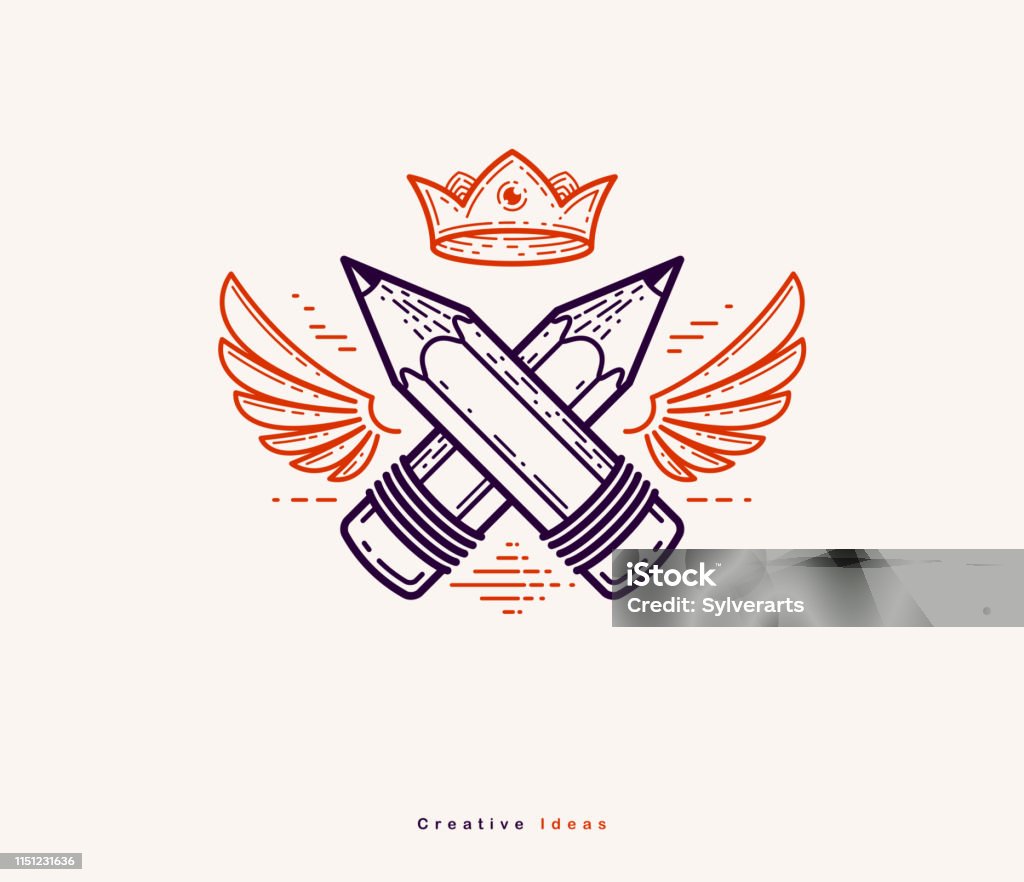 Two crossed pencils with wings and crown, vector simple trendy icon for designer or studio, creative king, royal design, linear style. Angel stock vector