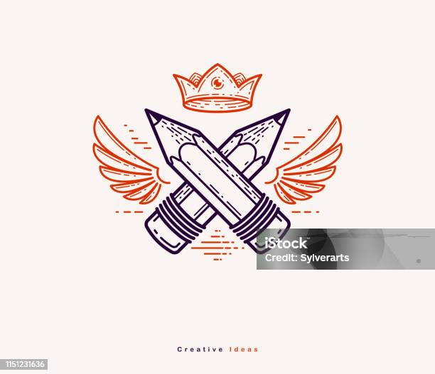 Two Crossed Pencils With Wings And Crown Vector Simple Trendy Icon For Designer Or Studio Creative King Royal Design Linear Style Stock Illustration - Download Image Now