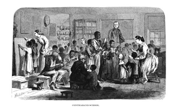 First Century United States illustrations - 1873 - Contraband school From First Century of National Existence; The United States - 1873 african slaves stock illustrations