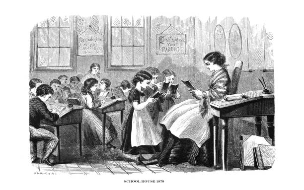 ilustrações, clipart, desenhos animados e ícones de ilustrações de estados unidos do primeiro século-casa da escola em 1870 - women history engraving engraved image