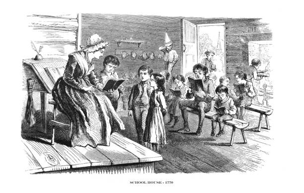 First Century United States illustrations - School house in 1770 From First Century of National Existence; The United States - 1873 schoolhouse stock illustrations