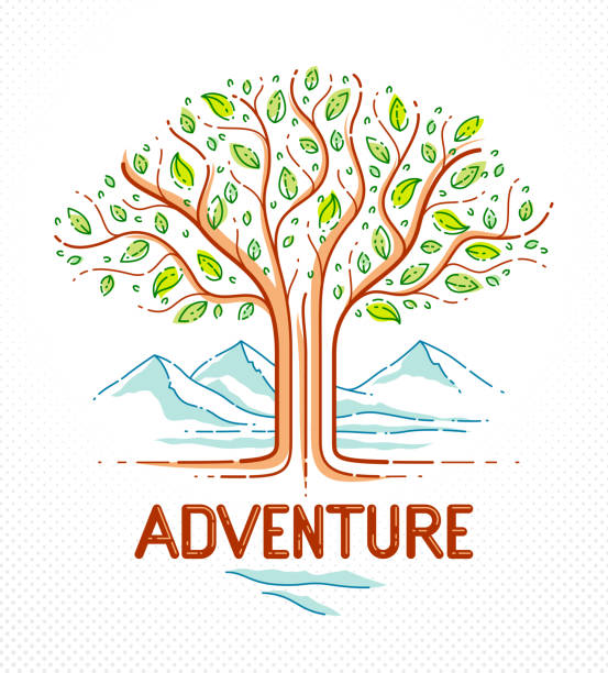 istock Nature wild adventure hiking and camping holidays leisure, tree with mountains in background vector linear emblem, healthy active lifestyle theme. 1151239498