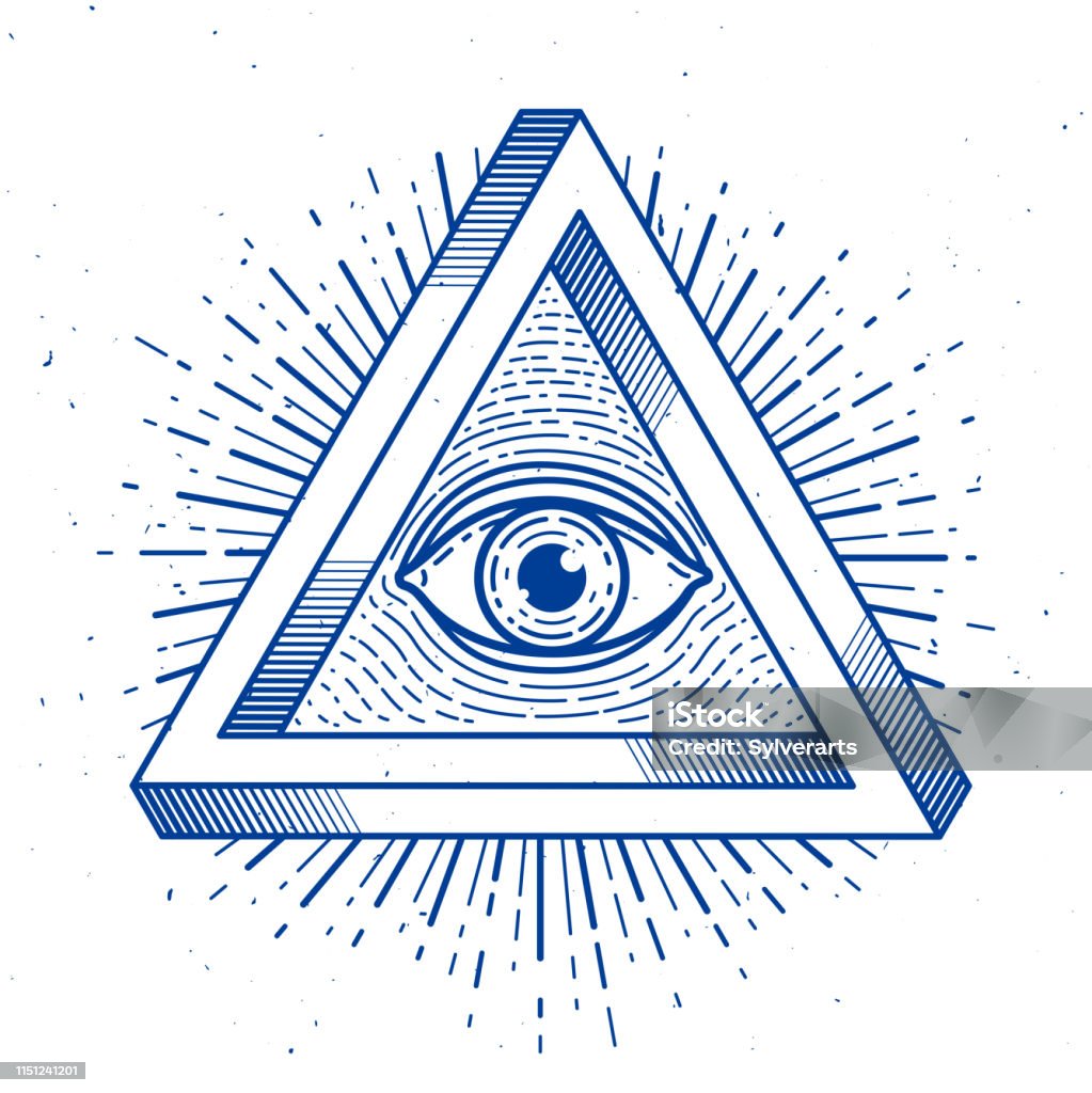 All seeing eye of god in sacred geometry triangle, masonry and illuminati symbol, vector emblem design element. Eye stock vector