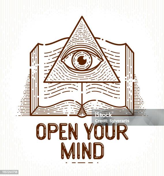 Secret Knowledge Vintage Open Book With All Seeing Eye Of God In Sacred Geometry Triangle Insight And Enlightenment Masonry Or Illuminati Symbol Vector Emblem Design Element Stock Illustration - Download Image Now