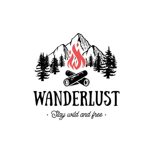 Vector illustration of Wanderlust emblem rectangle with red fire Vector illustration