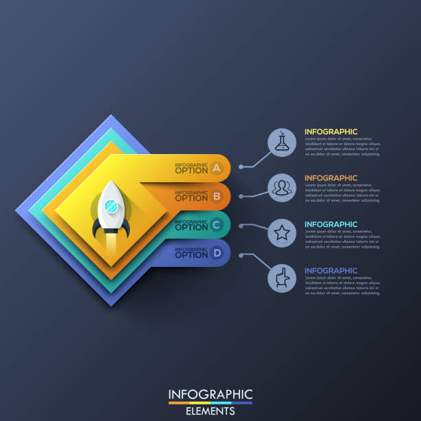 4 제곱 레이어 및 공간 로켓 이륙 인포 그래픽 디자인 서식 파일 - chart star shape square shape symbol stock illustrations