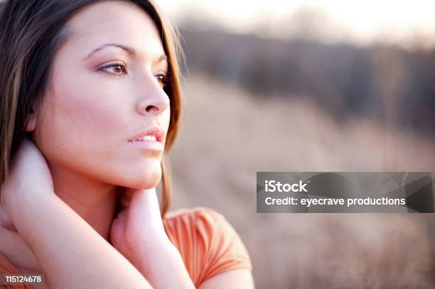 Junge Frau Winter Sonnenuntergangportraits Stockfoto und mehr Bilder von Begehren - Begehren, Betrachtung, Braunes Haar