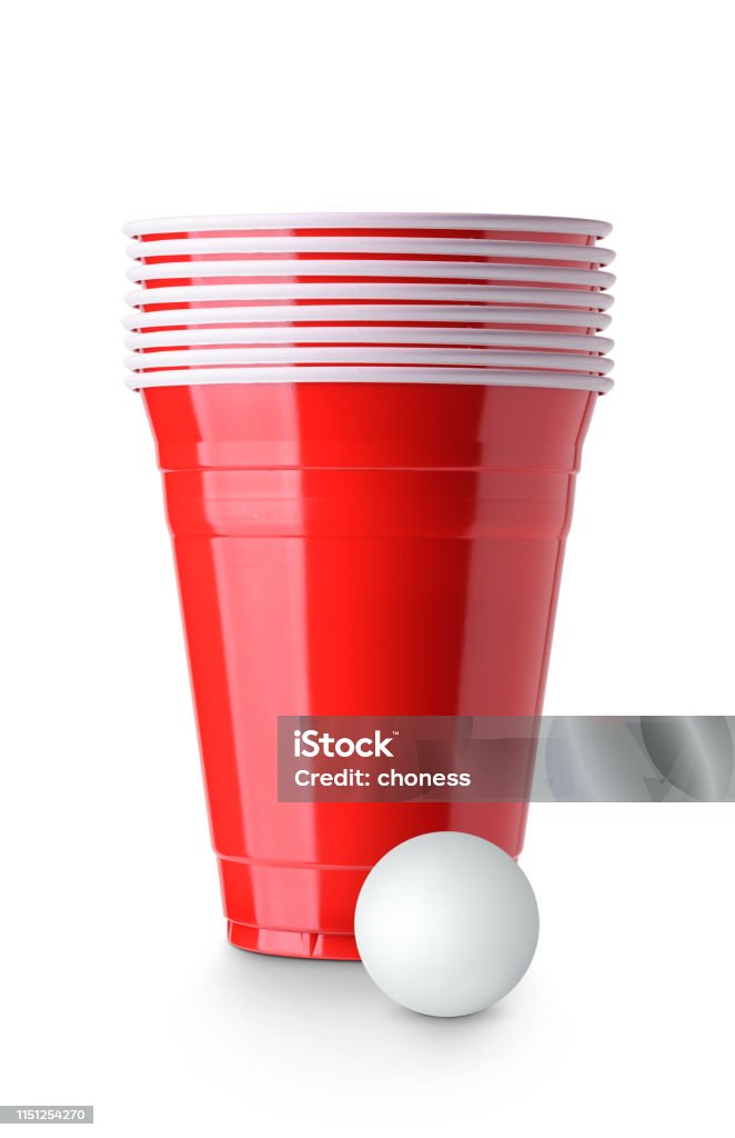 Beer pong. Red plastic cups and ping pong ball isolated on white background Beer Pong Stock Photo