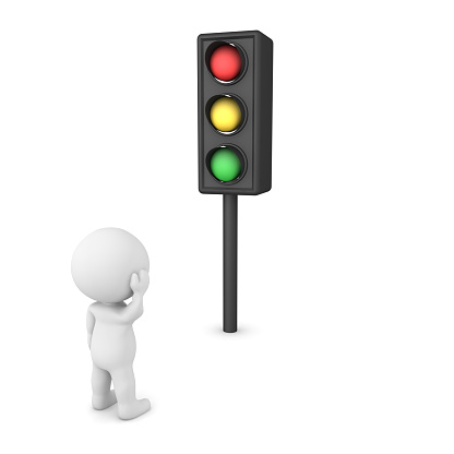 3D Character waiting for traffic light to change. 3D Rendering isolated on white.
