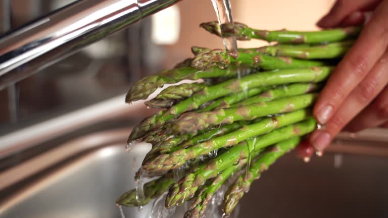 Close-up of Adult Woman Washing Asparagus