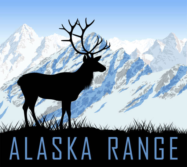 illustrazioni stock, clip art, cartoni animati e icone di tendenza di vettore alaska range montagne lago con raindeer - alaska landscape scenics wilderness area