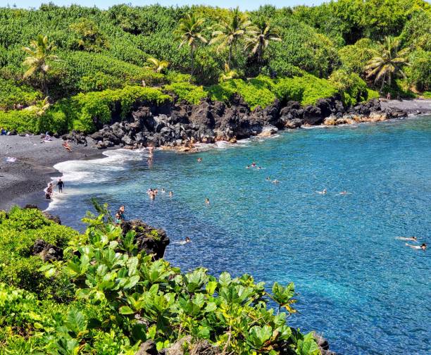 검은 모래 (honokalani) 해변 - hana maui sea scenics 뉴스 사진 이미지