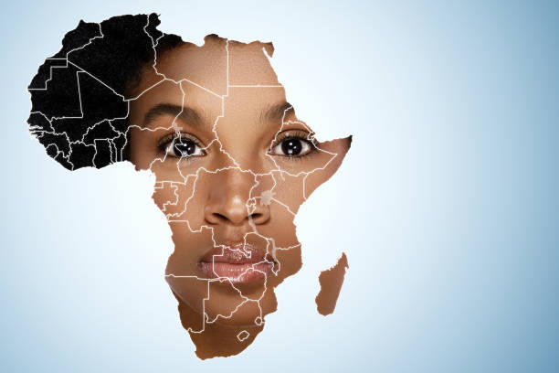 cara de mujer africana dentro del mapa de áfrica - europa continente fotos fotografías e imágenes de stock